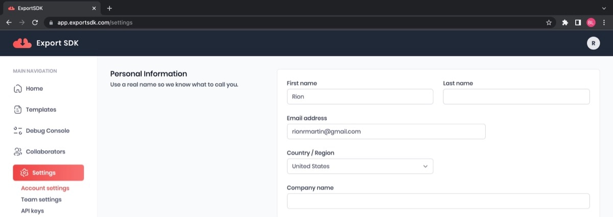 Screenshot of Export SDK account settings
