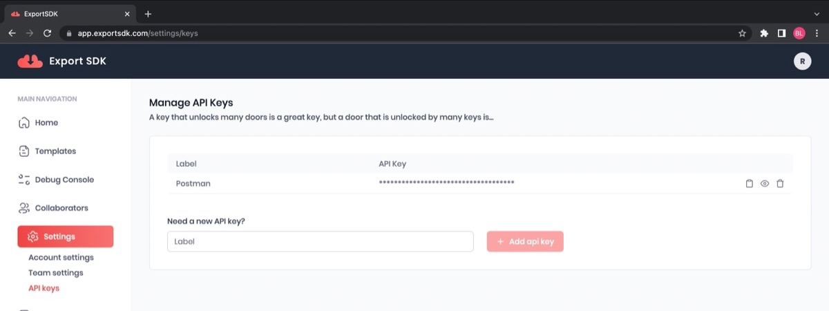 Screenshot of the Export SDK API key section
