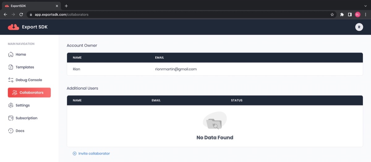Screenshot of the Export SDK collaborators section