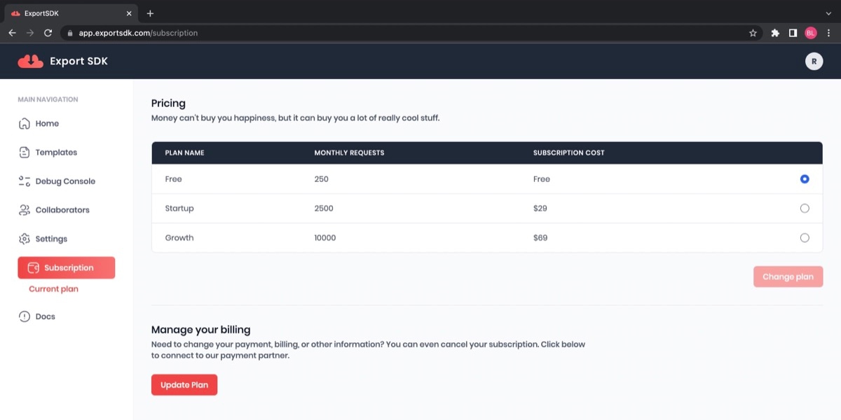 Screenshot of Export SDK account settings