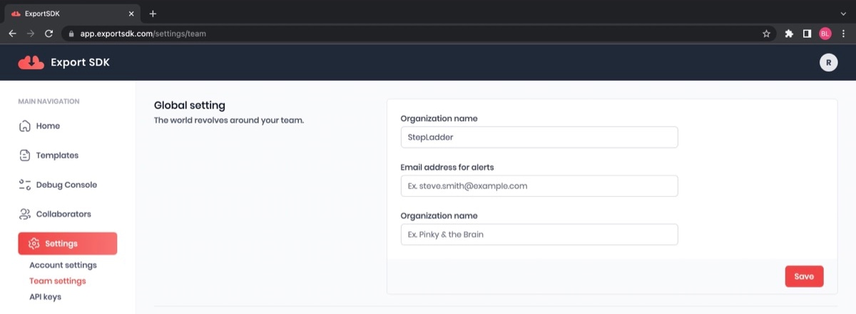 Screenshot of Export SDK team settings