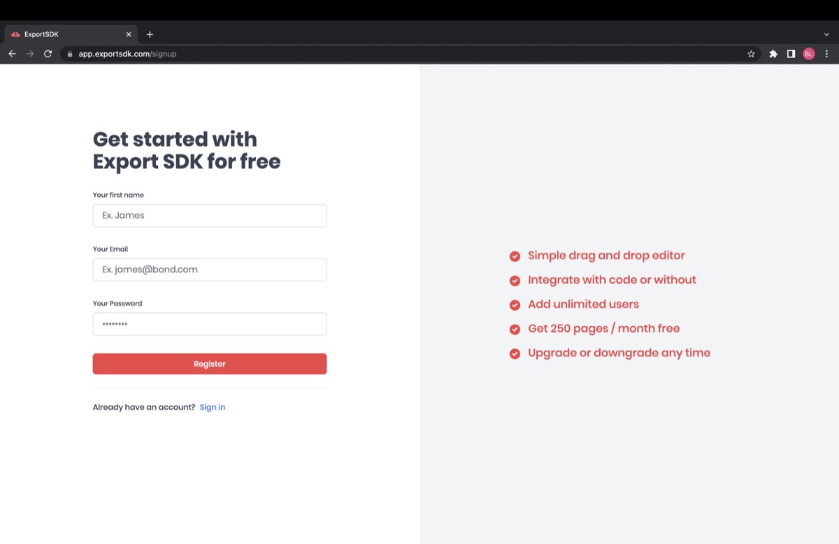 Sign up page for Export SDK