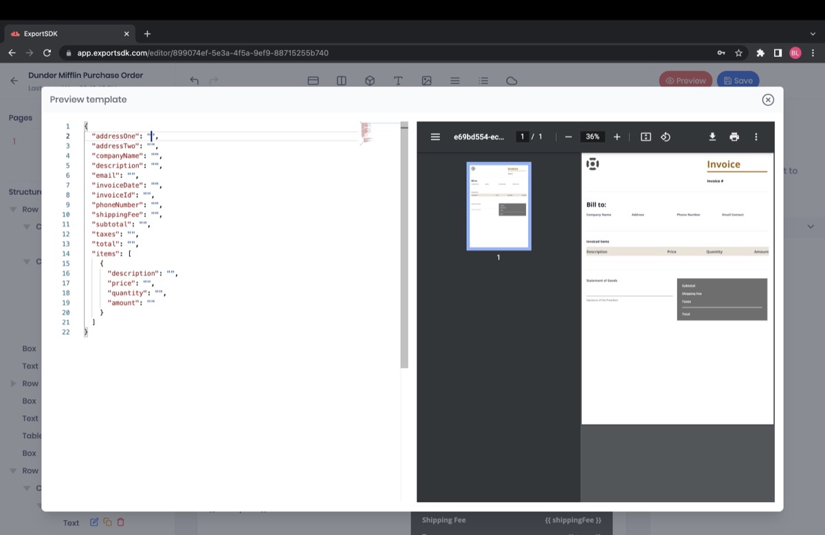 Screenshot of the Export SDK editor with handlebars
