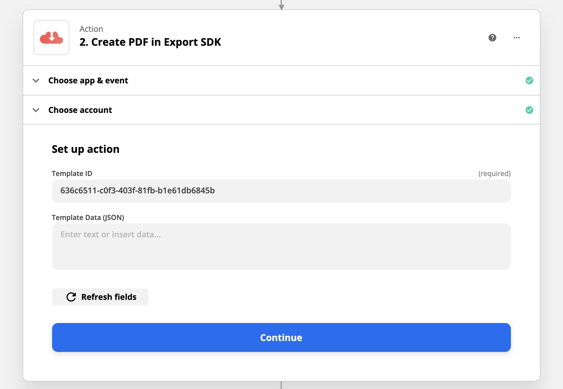 Screenshot of Export SDK template ID input into Zapp action form