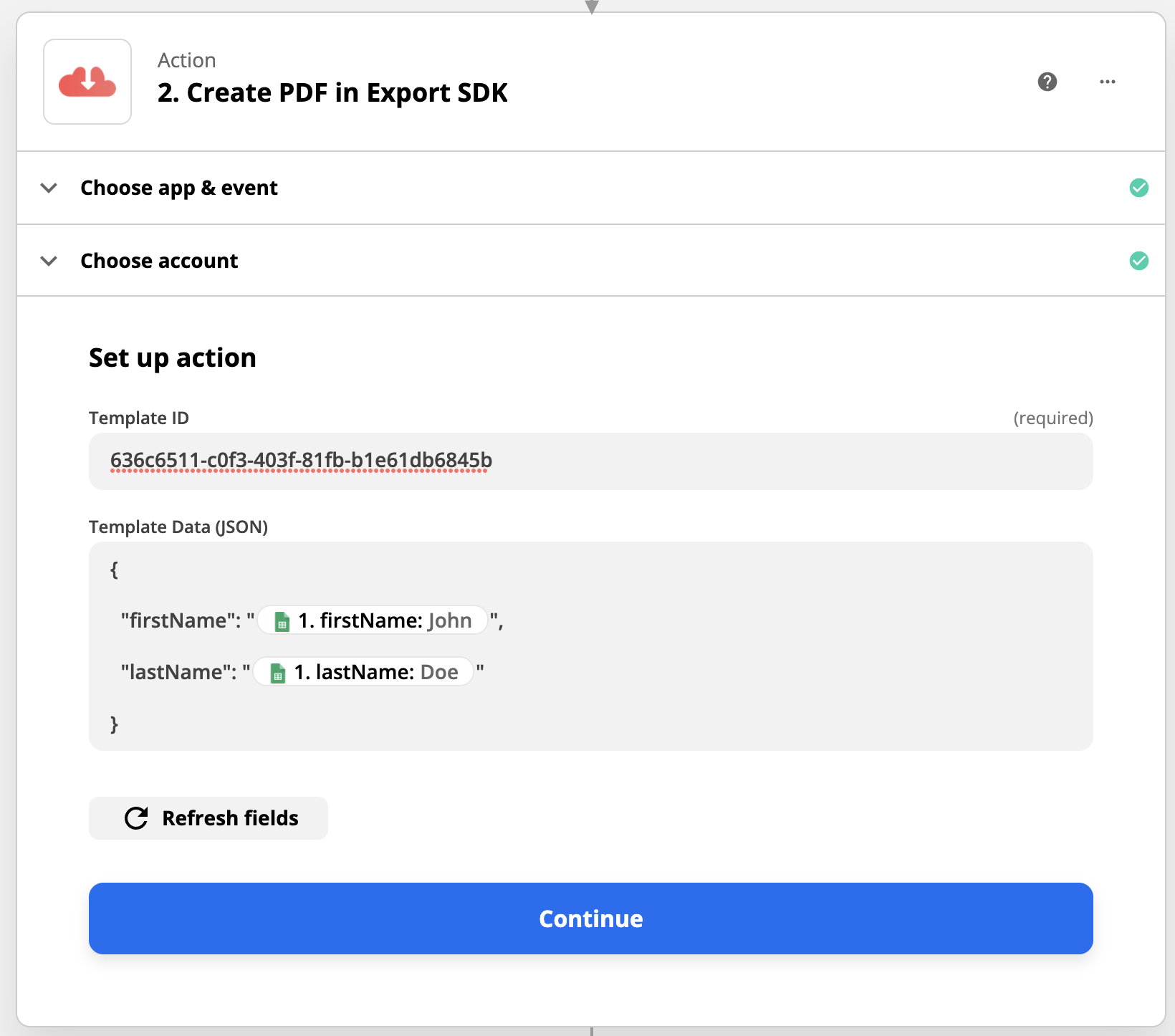 Defining template JSON data using data from Google Sheets action data.