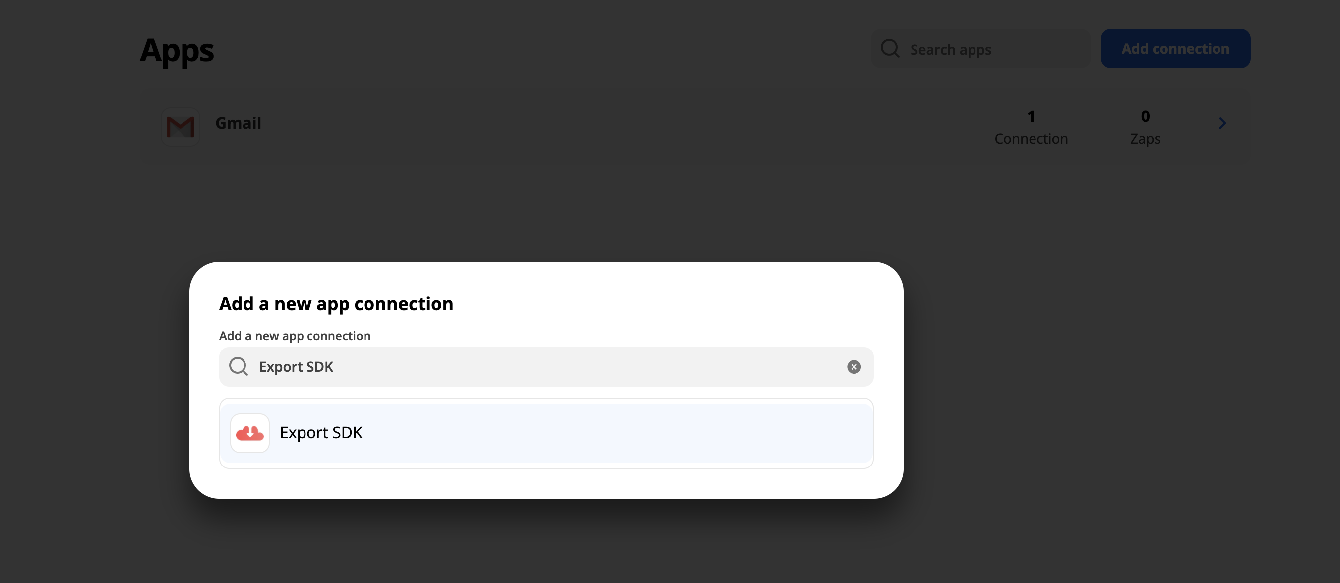 Screenshot of searching for Export SDK app in Zapier