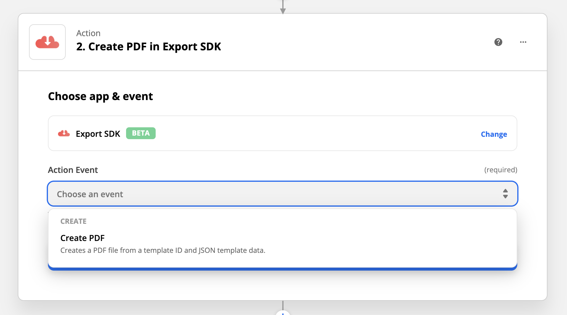 Selecting an Export SDK Zapier action