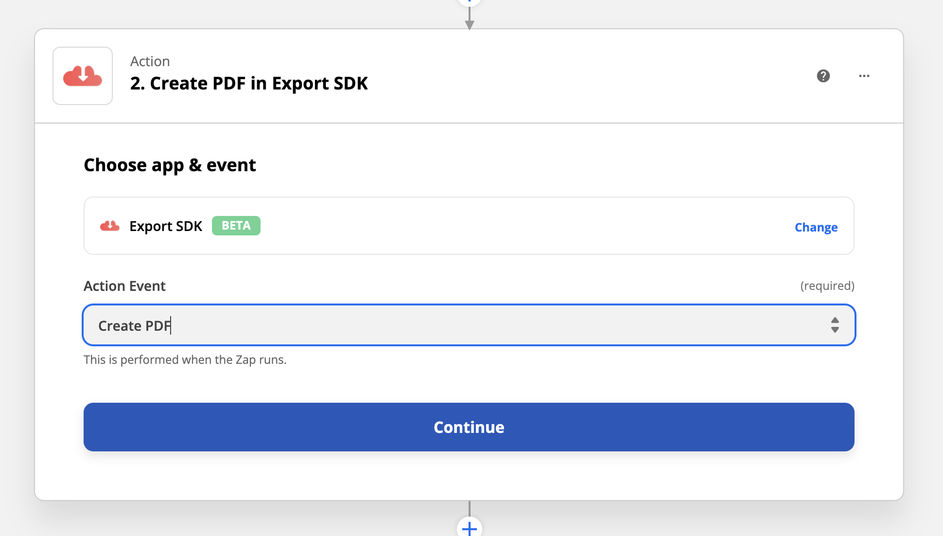 Screen shot of selecting Export SDK \"Create PDF\" Zapier action